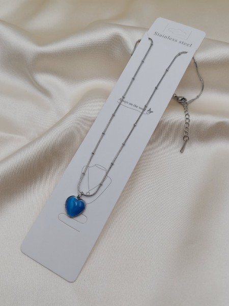 Gümüş Kedi Gözü mavi kalp kolye Gümüş Kedi Gözü mavi kalp kolye